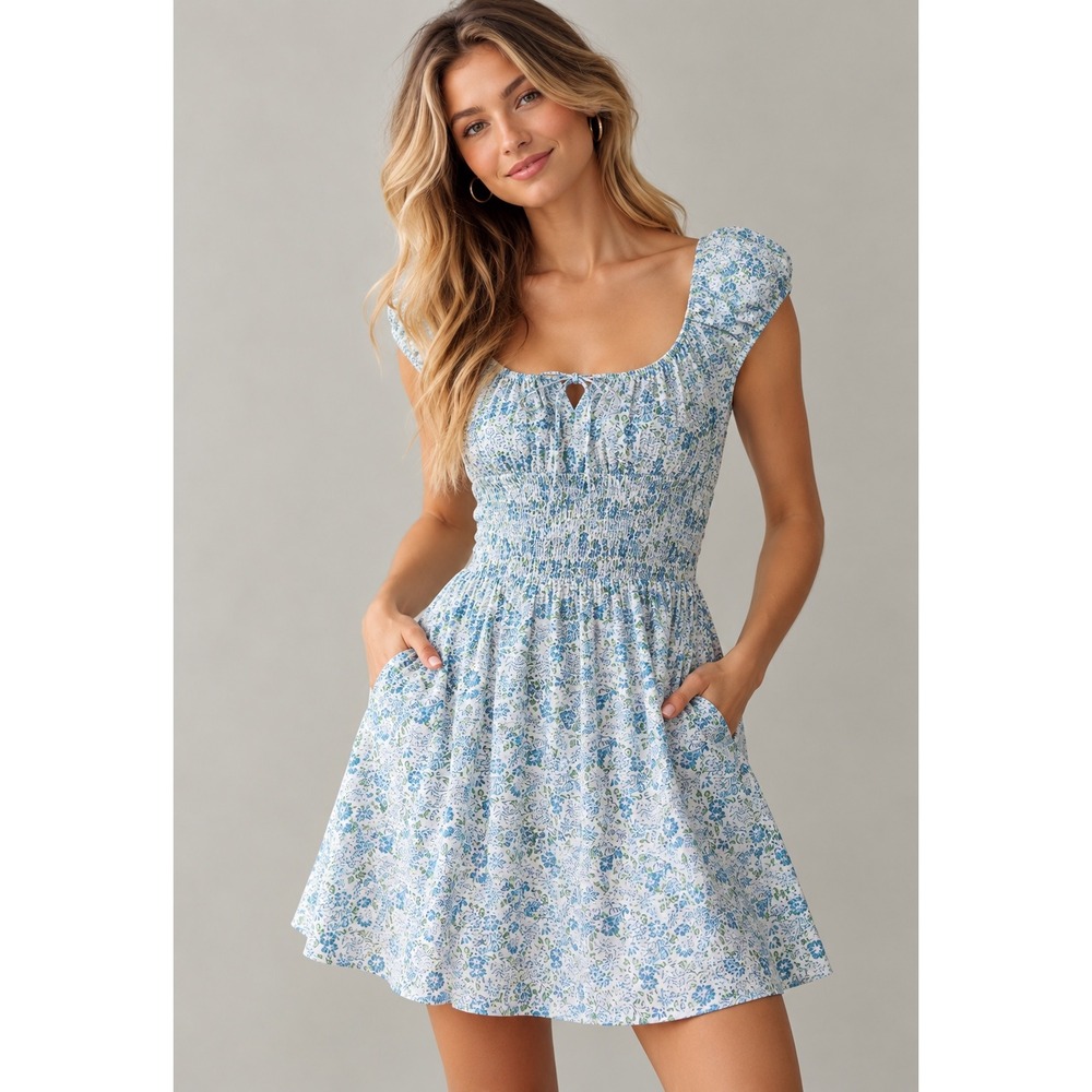 Anthropologie Floral Smocked Mini Dress Women XL Blue White Cottagecore Pockets
